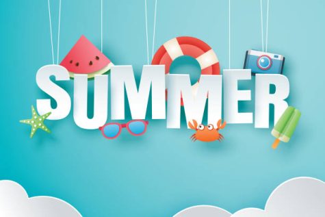 Hello summer with decoration origami hanging on blue sky background. Paper art and craft style. Vector illustration of life ring, ice cream, camera, watermelon, sunglasses.